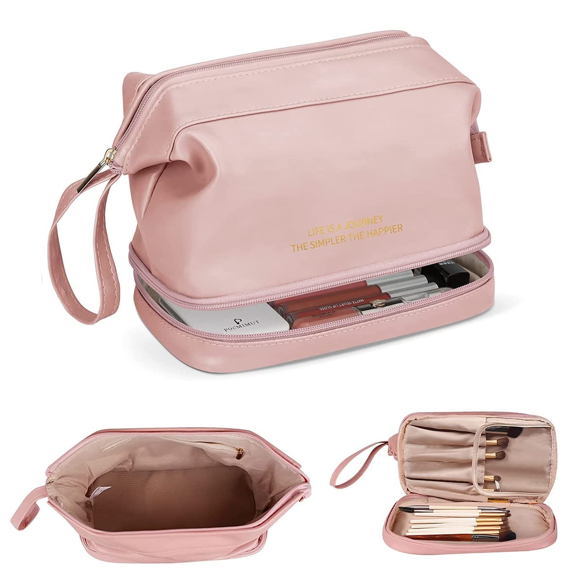 MAYCREATE Large Capacity Cosmetic Bag, Women's Makeup Travel Bag Portable Leather Cosmetics Bag with Handle, Double Layer Portable Zipper Toiletry Bag for Travel Makeup Organizer, Pink MAYCREATE Large Capacity Cosmetic Bag, Women's Makeup Travel Bag Portable Leather Cosmetics Bag with Handle, Double Layer Portable Zipper Toiletry Bag for Travel Makeup Organizer, Pink